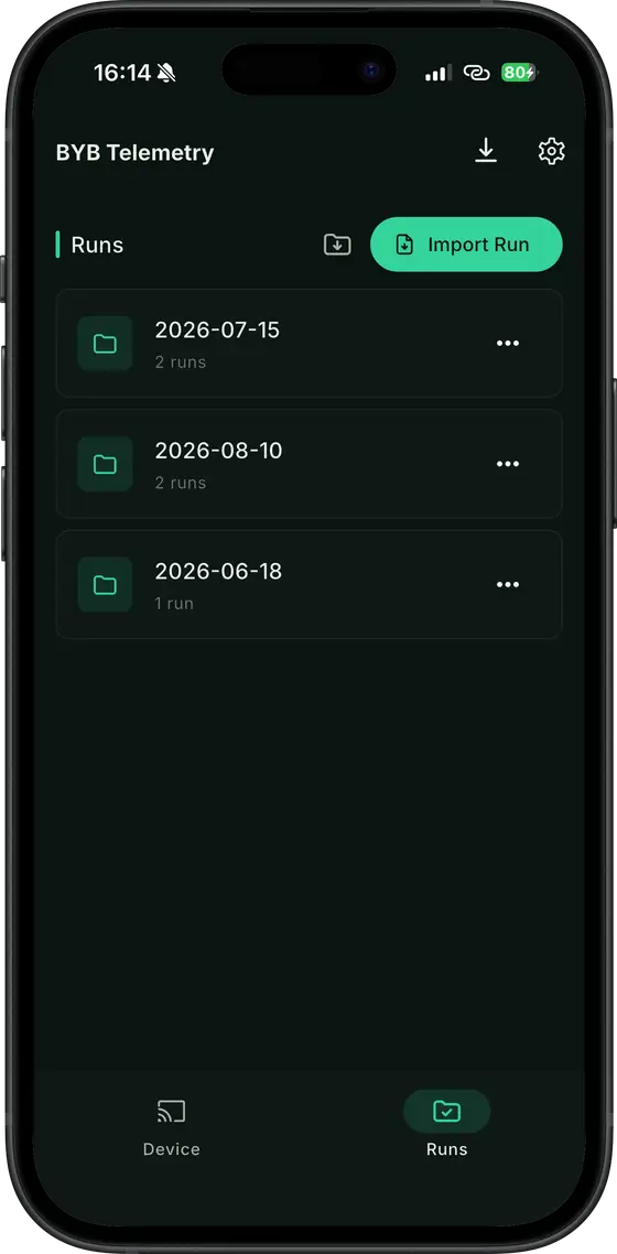The BYB Telemetry app's run library, with recordings grouped into dated folders.
