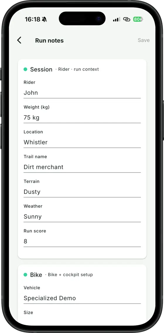 The BYB Telemetry app's run notes screen, with rider, weight, location, trail, terrain, weather and run score filled in above the bike's own setup fields.