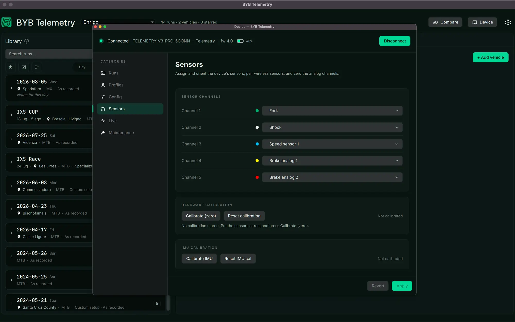 The BYB Telemetry desktop software connected to a Telemetry V3 Pro, with its five sensor channels named — fork, shock, wheel speed and two brake inputs — and its calibration controls.