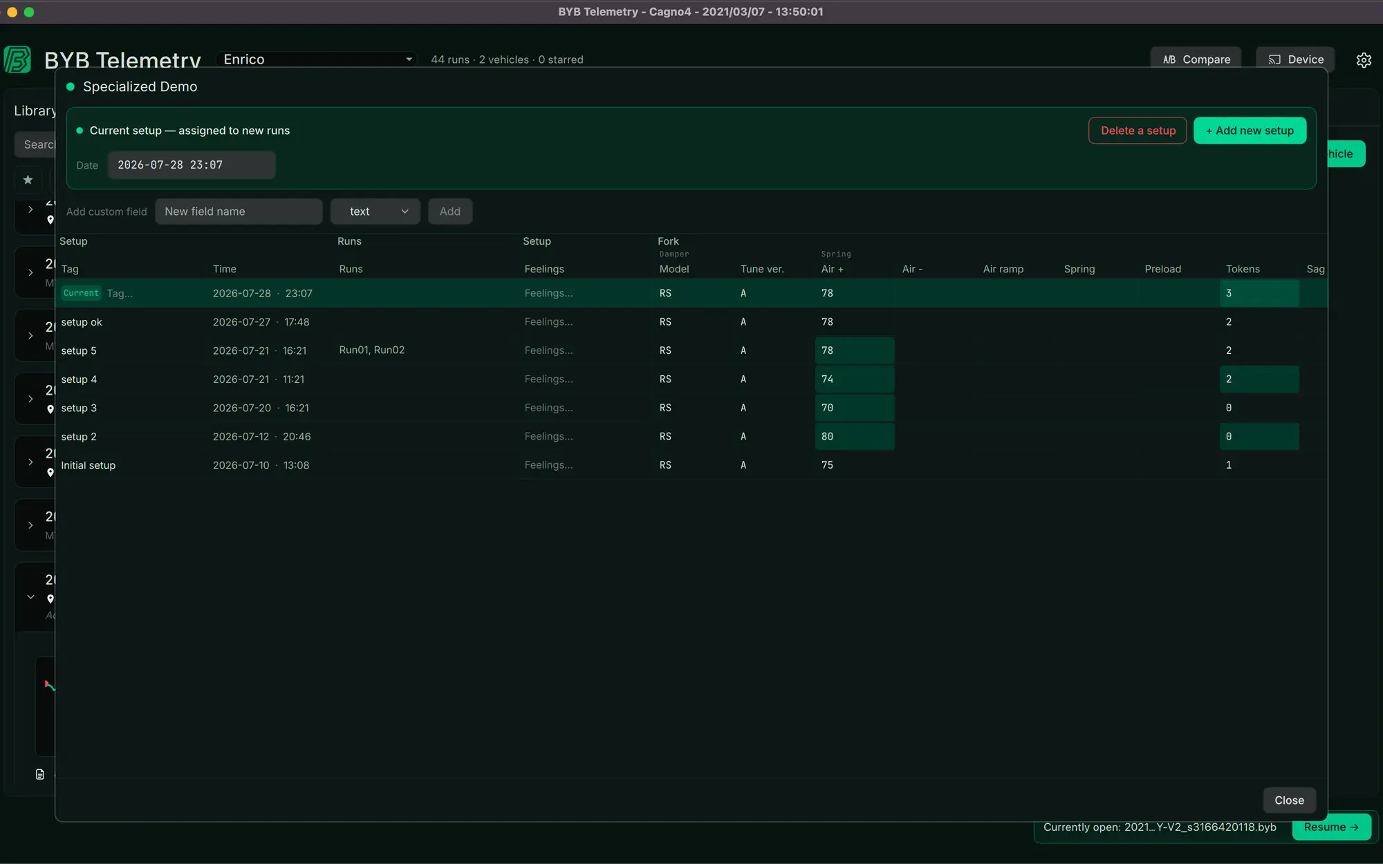 The BYB Telemetry desktop software's setup sheet: one row per setup, with the fork's model, tune, air pressure, air ramp, spring, preload and tokens beside the runs recorded on it.
