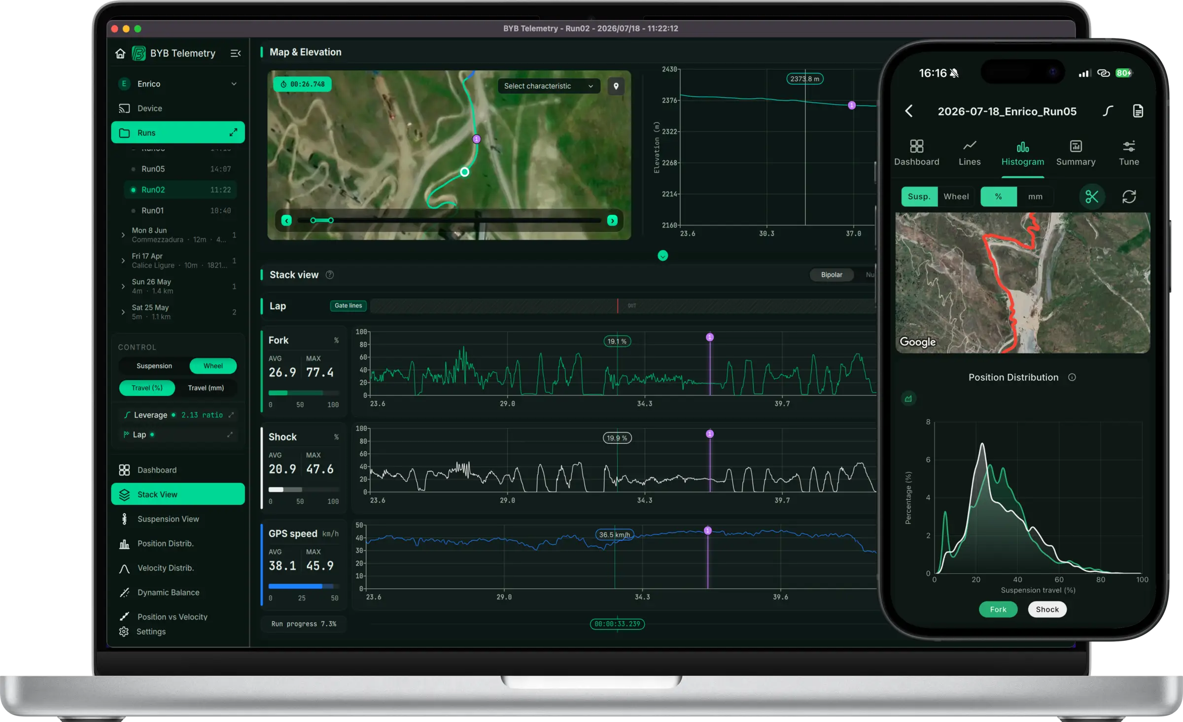 The BYB Telemetry desktop software open on a laptop, beside the phone app on a smartphone.