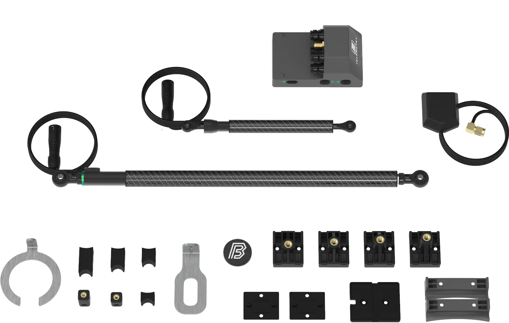 The BYB Telemetry V3 kit laid out: the box, the acquisition unit, two suspension sensors, a GPS antenna and the mounting hardware.