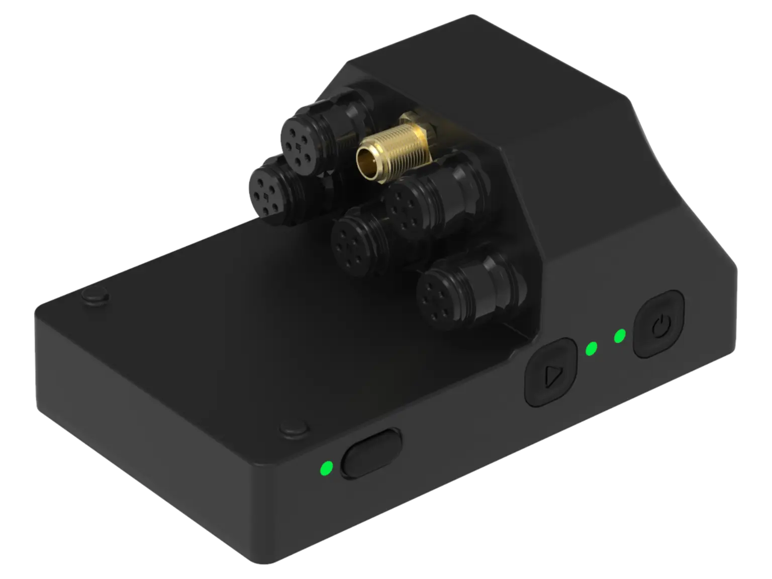 The BYB Telemetry V3 Pro acquisition unit, showing its five sensor connectors and the gold GPS antenna connector.