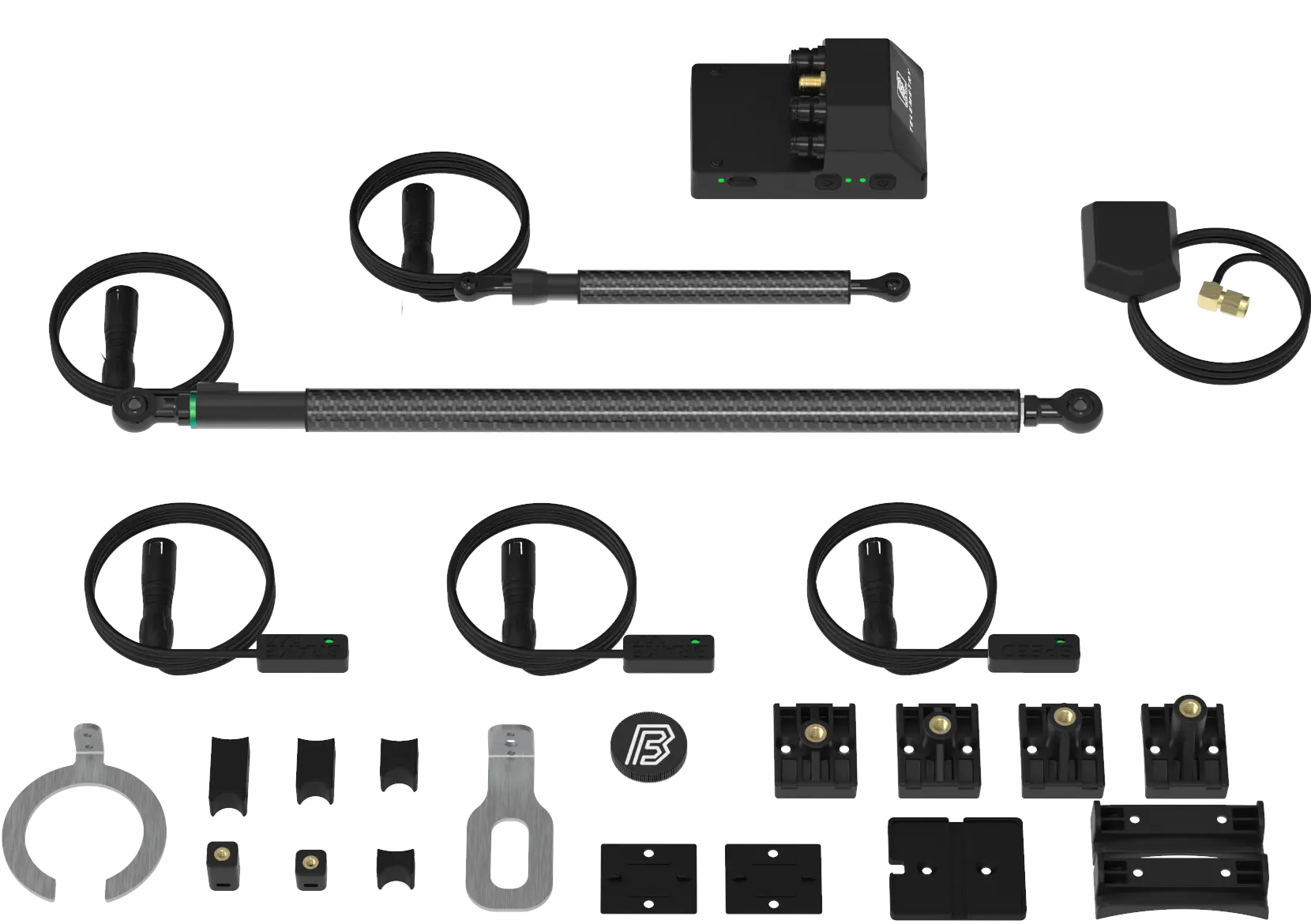 The BYB Telemetry V3 Pro kit laid out: the box, the acquisition unit, two suspension sensors, three sensor modules, a GPS antenna and the mounting hardware.
