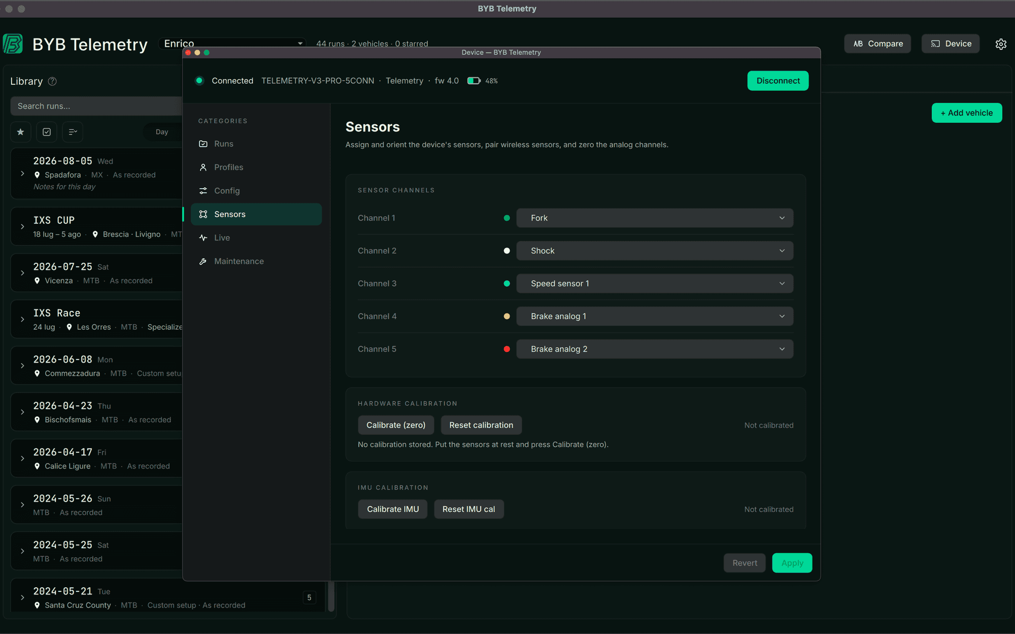 The BYB Telemetry desktop software connected to a Telemetry V3 Pro, with its five sensor channels named — fork, shock, wheel speed and two brake inputs — and its calibration controls.