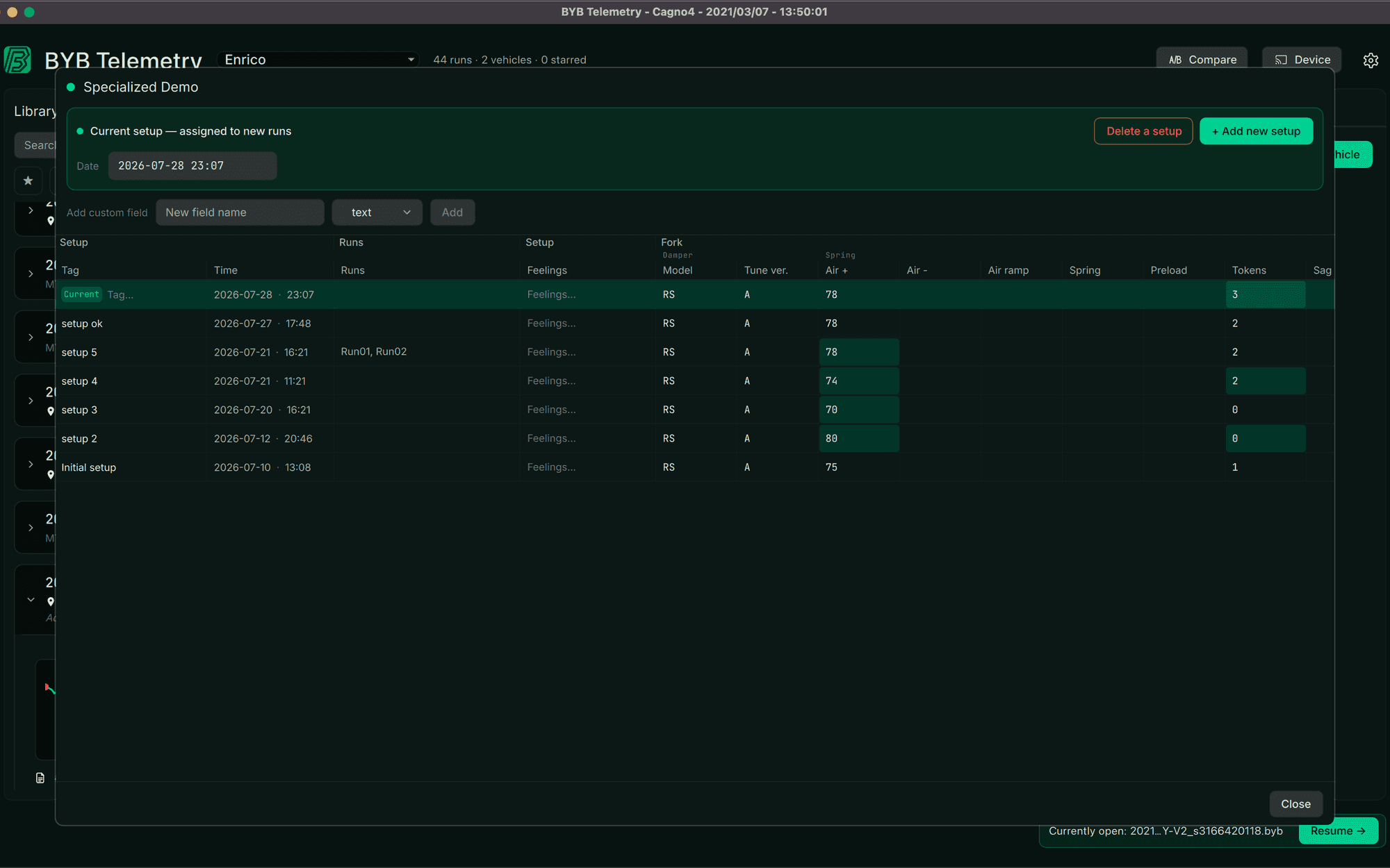 The BYB Telemetry desktop software's setup sheet: one row per setup, with the fork's model, tune, air pressure, air ramp, spring, preload and tokens beside the runs recorded on it.