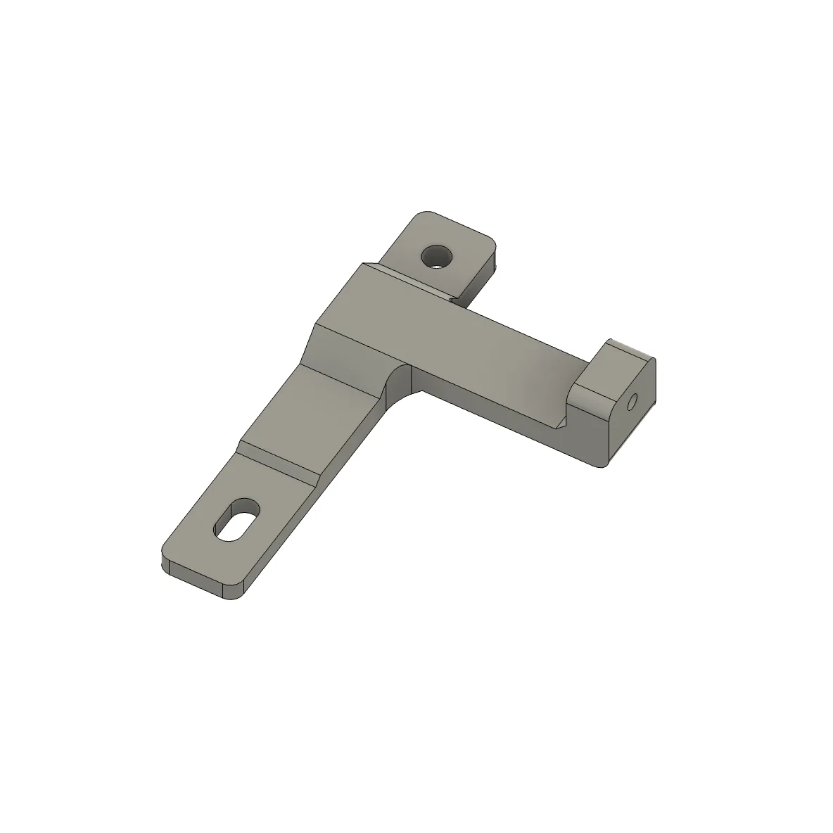 A CAD render of the printed bracket alone: a small T-shaped part with two mounting holes, one round and one slotted.