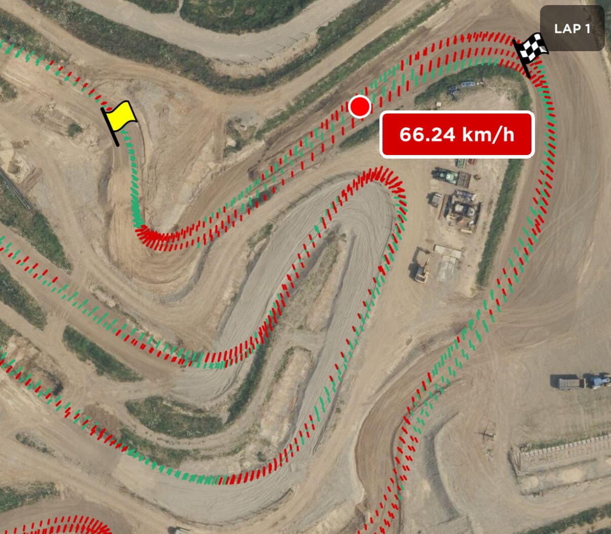 The Chrono app's map with acceleration and braking plotted along the ridden line — green where the rider is accelerating, red where braking.