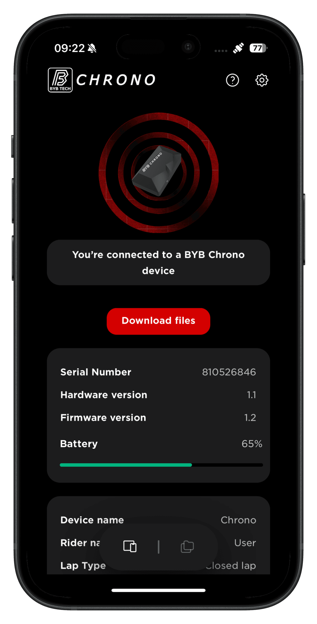 The Chrono app connected to a BYB Chrono device, showing its battery, the device and rider name, and the lap type set for the session.