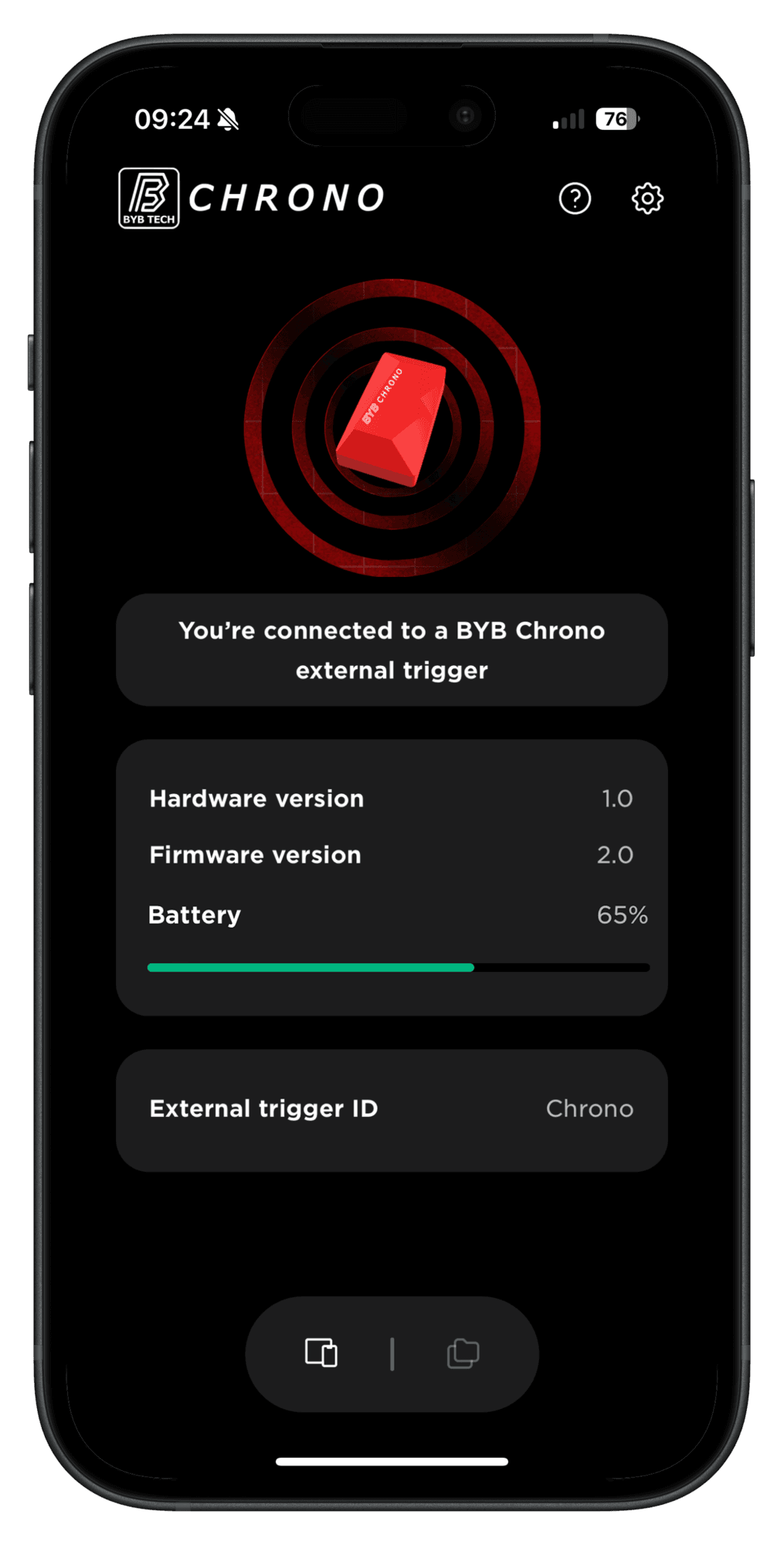 The Chrono app connected to a BYB Chrono external trigger, showing its battery and its external trigger ID.