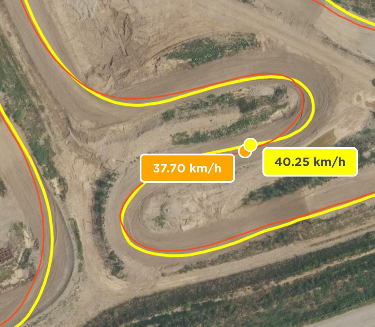 The Chrono app comparing two laps through the same hairpin, each line drawn in its own colour with the speed at the cursor.
