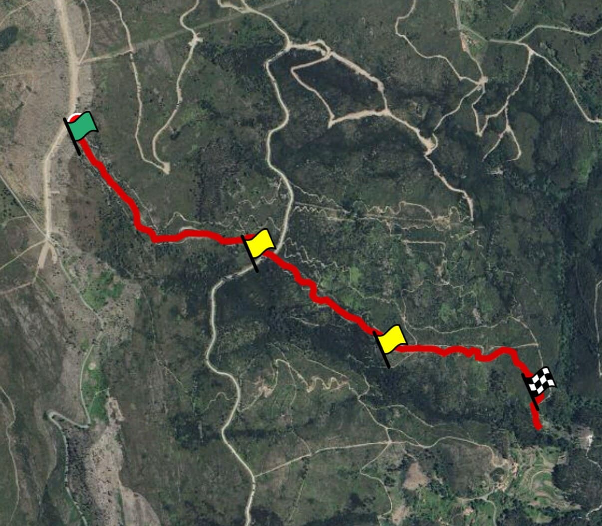 The Chrono app showing a run traced on the map with automatically recognised gates: a green start flag, two yellow intermediate flags and a chequered finish.