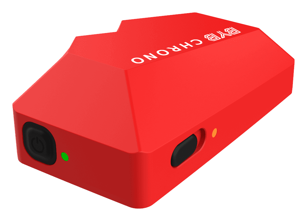 The BYB Chrono external trigger, a red unit with a single button and one status LED.