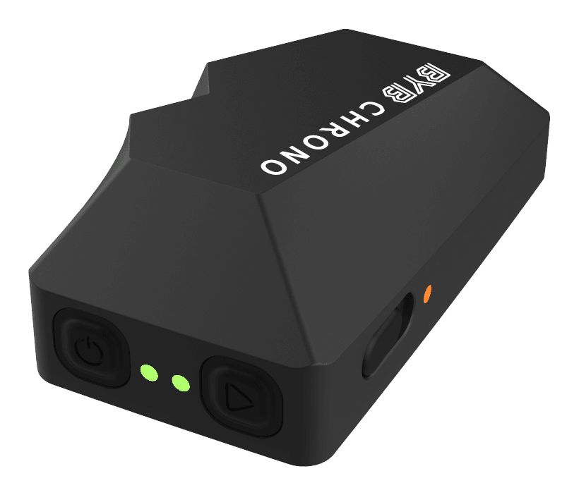 The BYB Chrono unit, showing its power and start buttons, two status LEDs and a USB-C port.