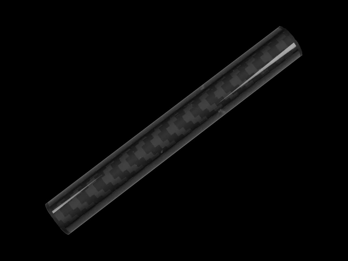 A BYB Tech carbon cover: a woven carbon fibre tube, open at both ends, cut for the shorter linear sensor body.