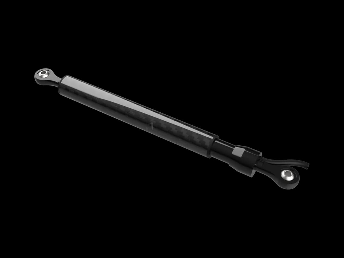 A BYB Tech linear sensor at an angle, full length: a carbon-wrapped body with a polished rod end at each mount, the smaller of the two body sizes.