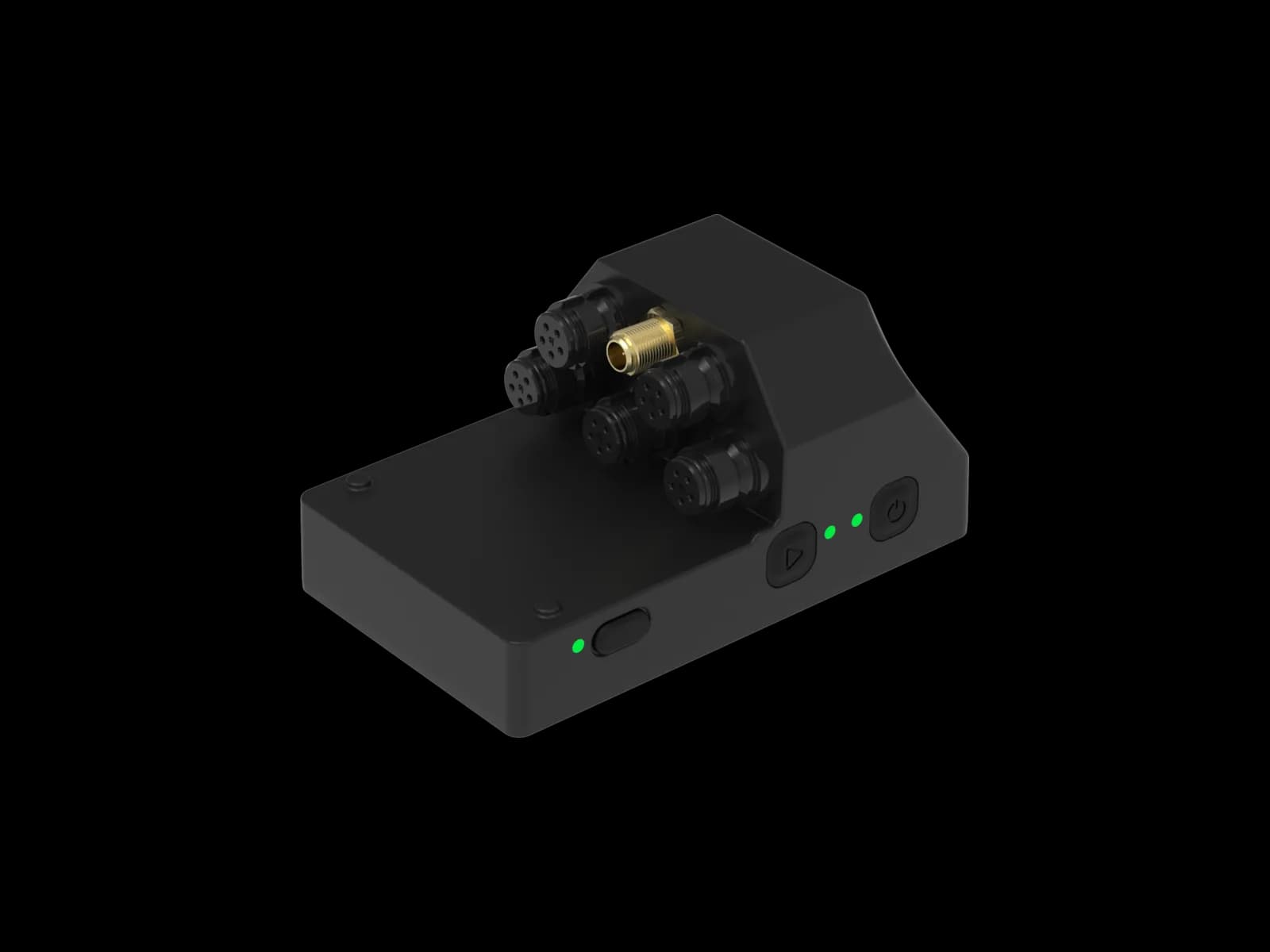 The Telemetry V3 Pro acquisition unit at three-quarters: a wedge-shaped black body with a bank of circular screw-lock sensor connectors around a gold coaxial antenna socket, a triangular record button, a power button and a row of green status lights.
