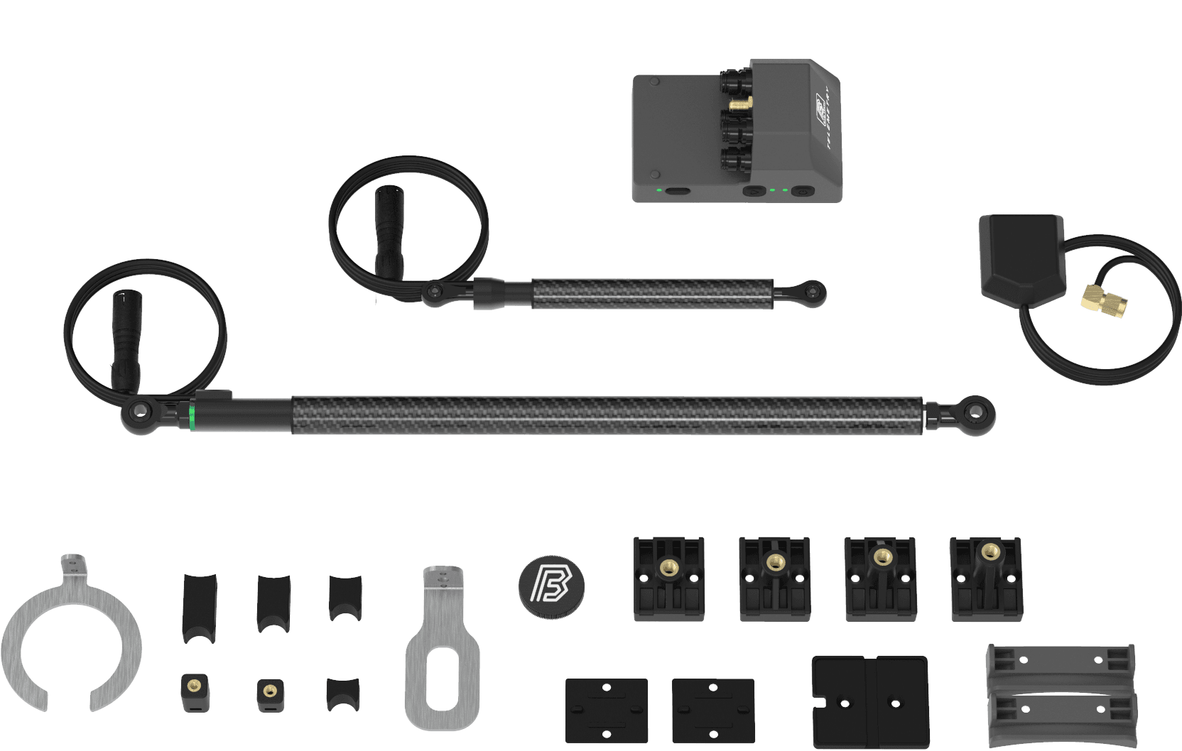 The BYB Telemetry V3 kit laid out: the box, the acquisition unit, two suspension sensors, a GPS antenna and the mounting hardware.