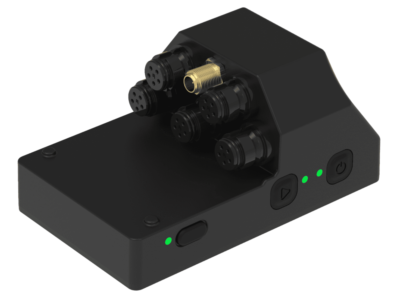 The BYB Telemetry V3 Pro acquisition unit, showing its five sensor connectors and the gold GPS antenna connector.