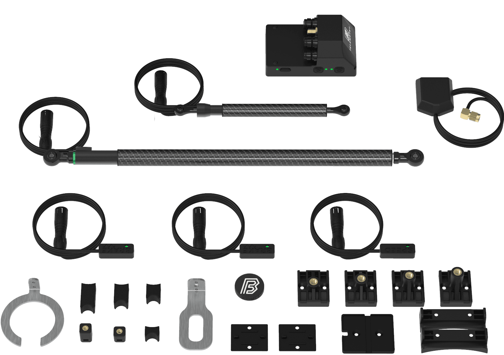 The BYB Telemetry V3 Pro kit laid out: the box, the acquisition unit, two suspension sensors, three sensor modules, a GPS antenna and the mounting hardware.
