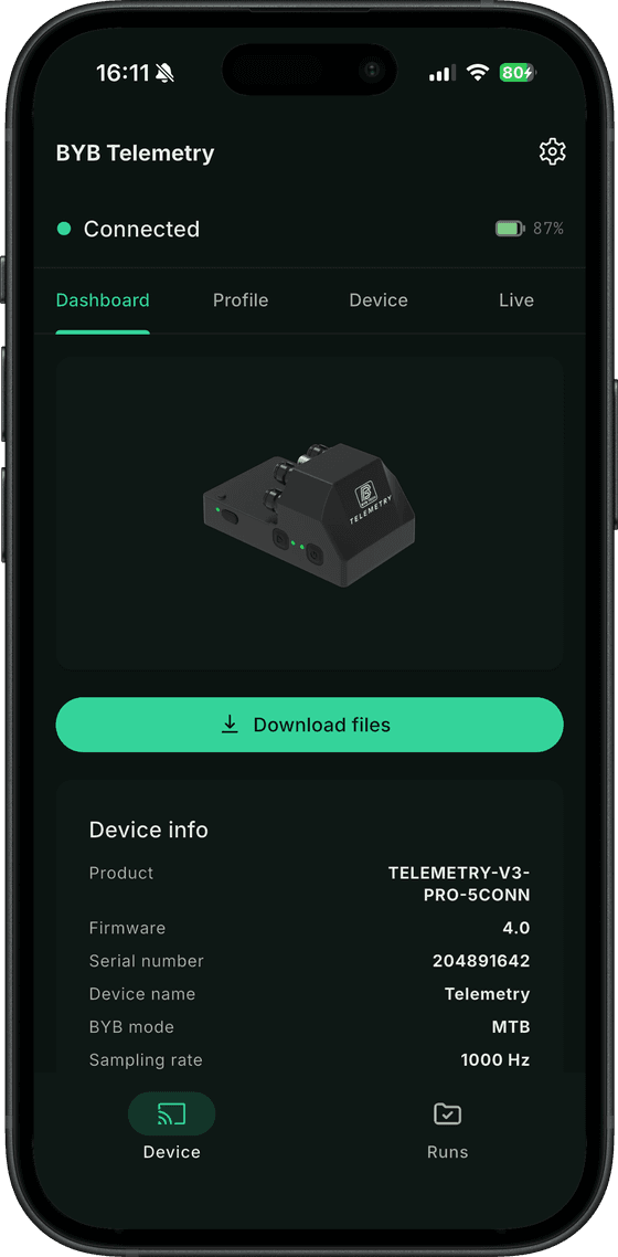 The BYB Telemetry app connected to a Telemetry V3 Pro acquisition unit, listing its firmware, serial number, mode and 1000 Hz sampling rate above a download button.