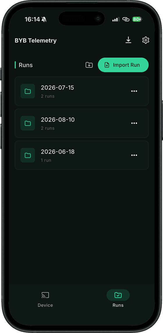 The BYB Telemetry app's run library, with recordings grouped into dated folders.
