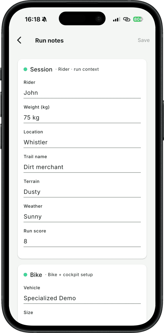 The BYB Telemetry app's run notes screen, with rider, weight, location, trail, terrain, weather and run score filled in above the bike's own setup fields.