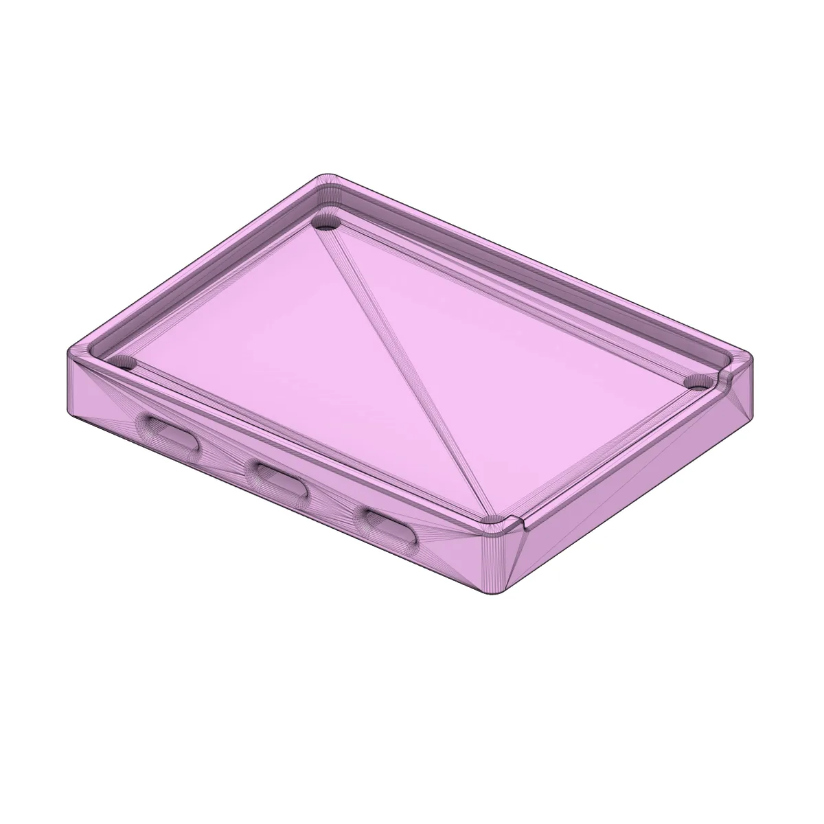 A CAD render of the printed tray the V2 acquisition unit sits in, with a raised lip and three slots along one side.