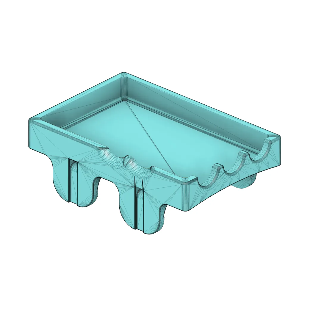 A CAD render of the second printed part seen from below, scalloped along its underside.