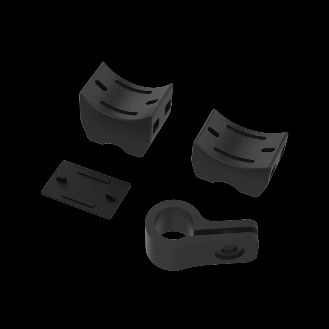 A render of the four printed V2 fork parts in black: two curved clamps, a flat plate with two pins, and a P-shaped cable clip.