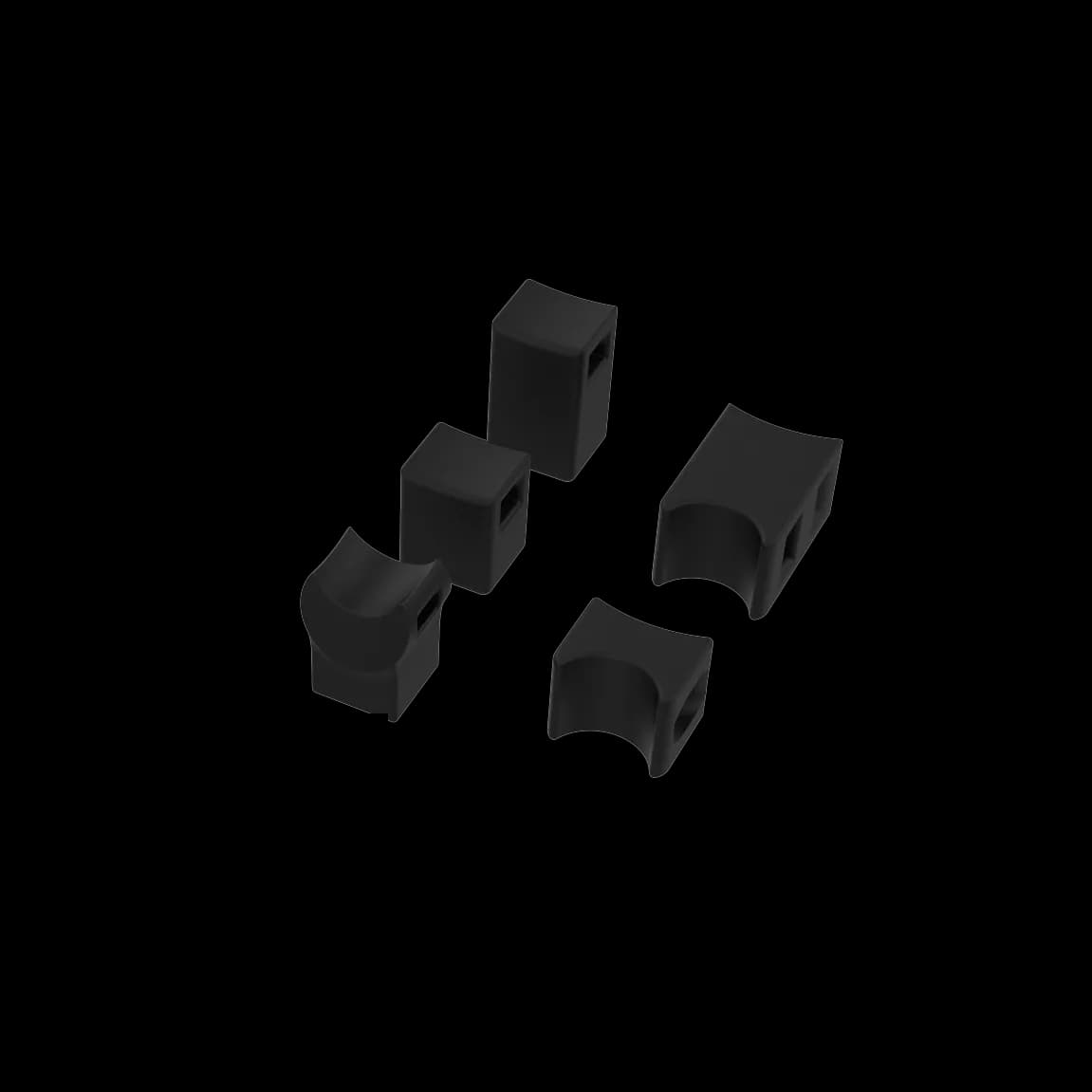 A render of the five printed V2 shock parts in black, each a small block with a differently shaped curved cradle.
