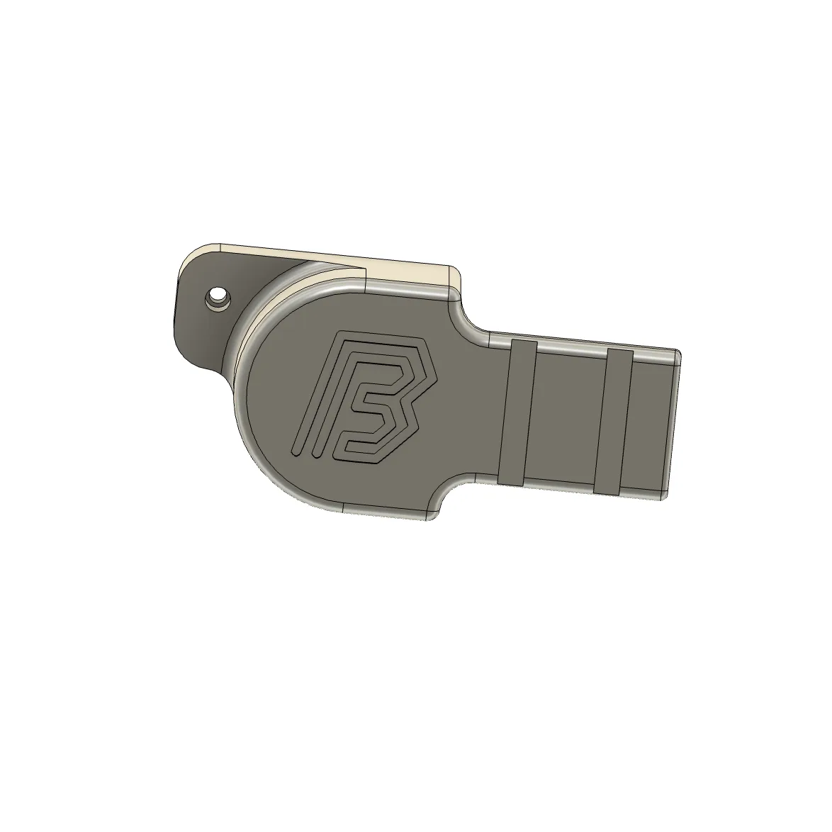 A CAD render of the printed swingarm bracket on its own, with the BYB Tech mark recessed into the face and a single bolt hole.