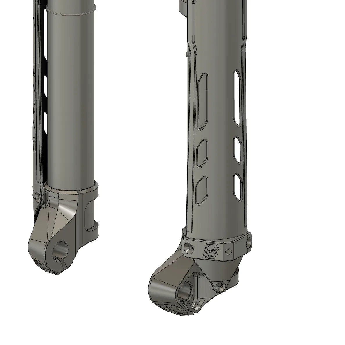 A CAD render of the lower legs of an Intend Black Edge fork, with the Intend mark on the lower crown.