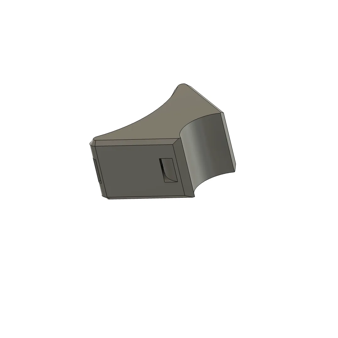 A CAD render of a printed clamp block with a curved saddle that sits against the fork leg.