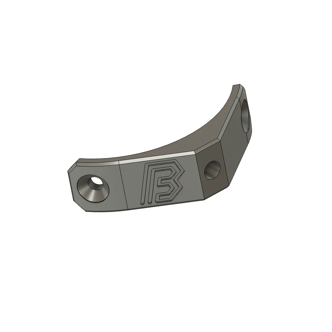 A CAD render of a curved printed bracket carrying the BYB Tech mark, with two countersunk holes.