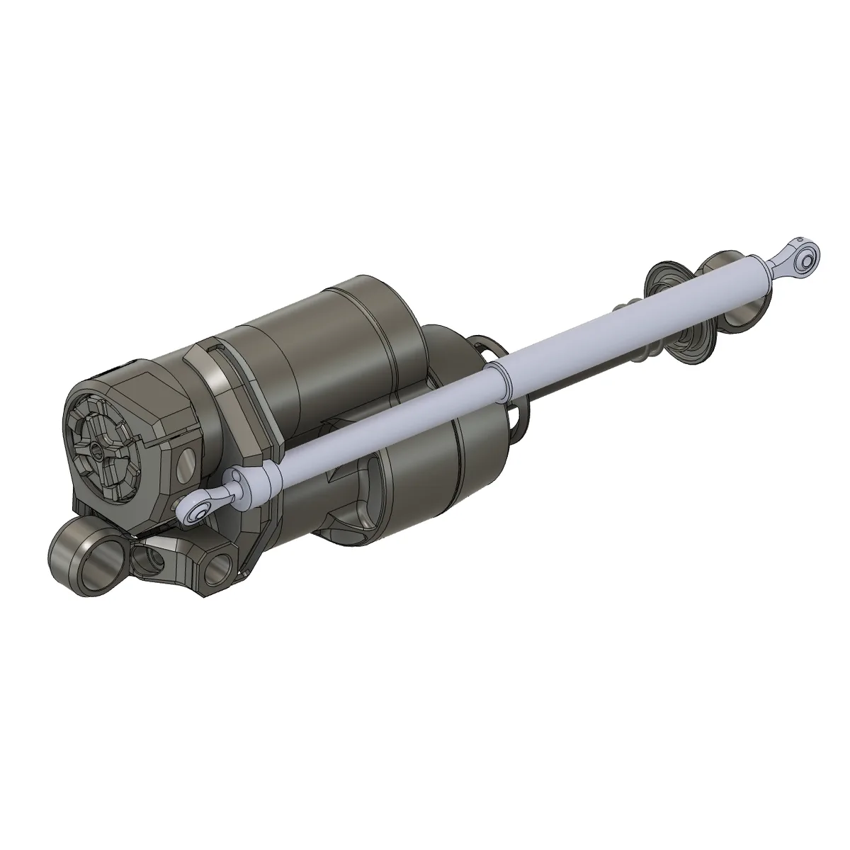 A CAD render of an Intend Hover rear shock with its piggyback reservoir, and the linear sensor mounted alongside it, eyelet to eyelet.