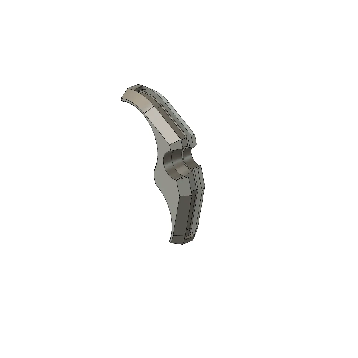 A CAD render of one of the two printed parts: a curved, tapered clamp half that wraps the shock body.