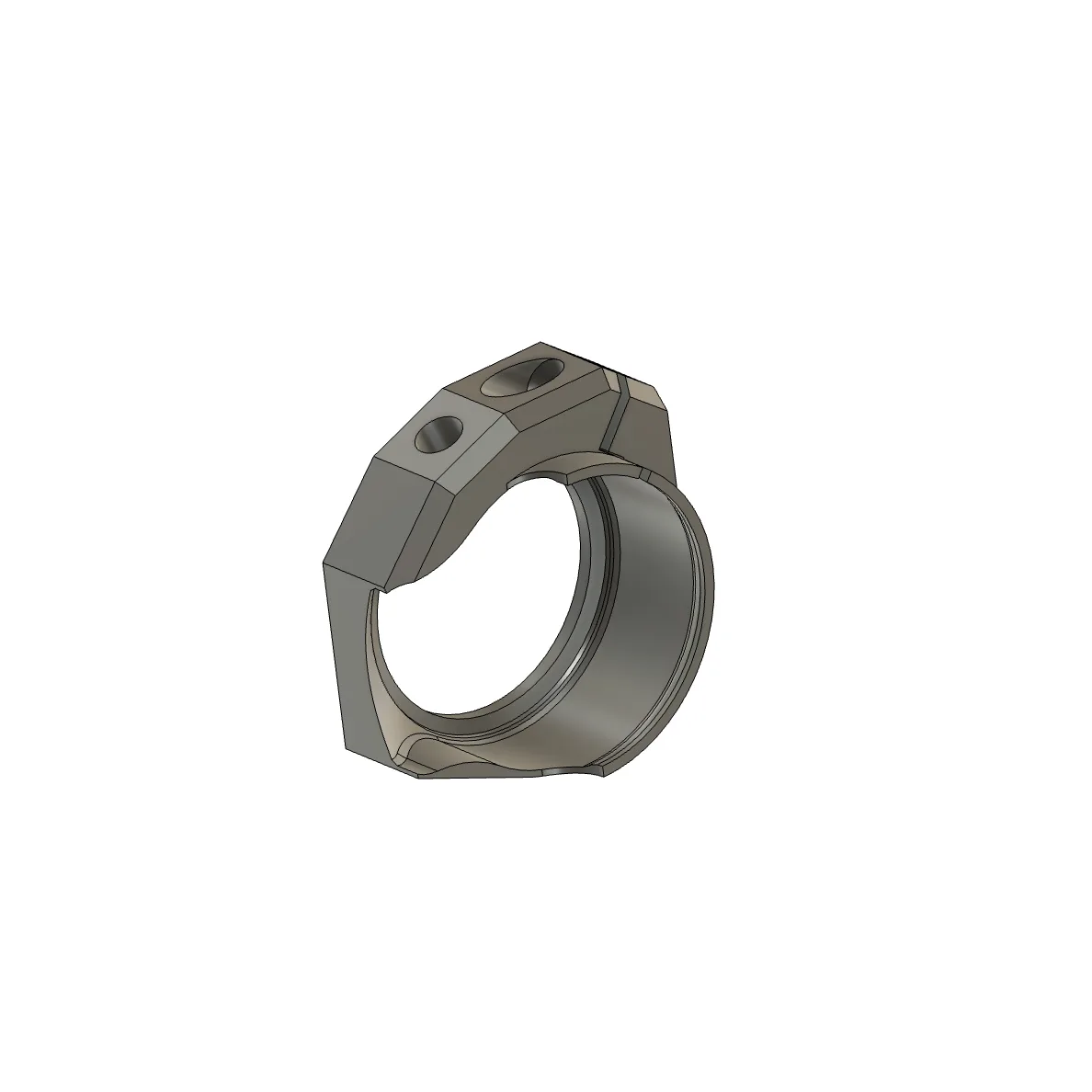 A CAD render of the second printed part: a ring clamp with two bolt holes across the top.