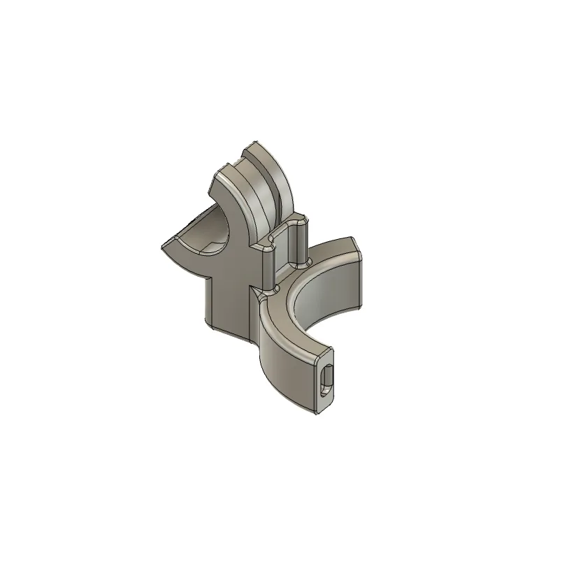 A CAD render of the printed mount on its own: a saddle-shaped part with two curved cradles set at right angles to each other.