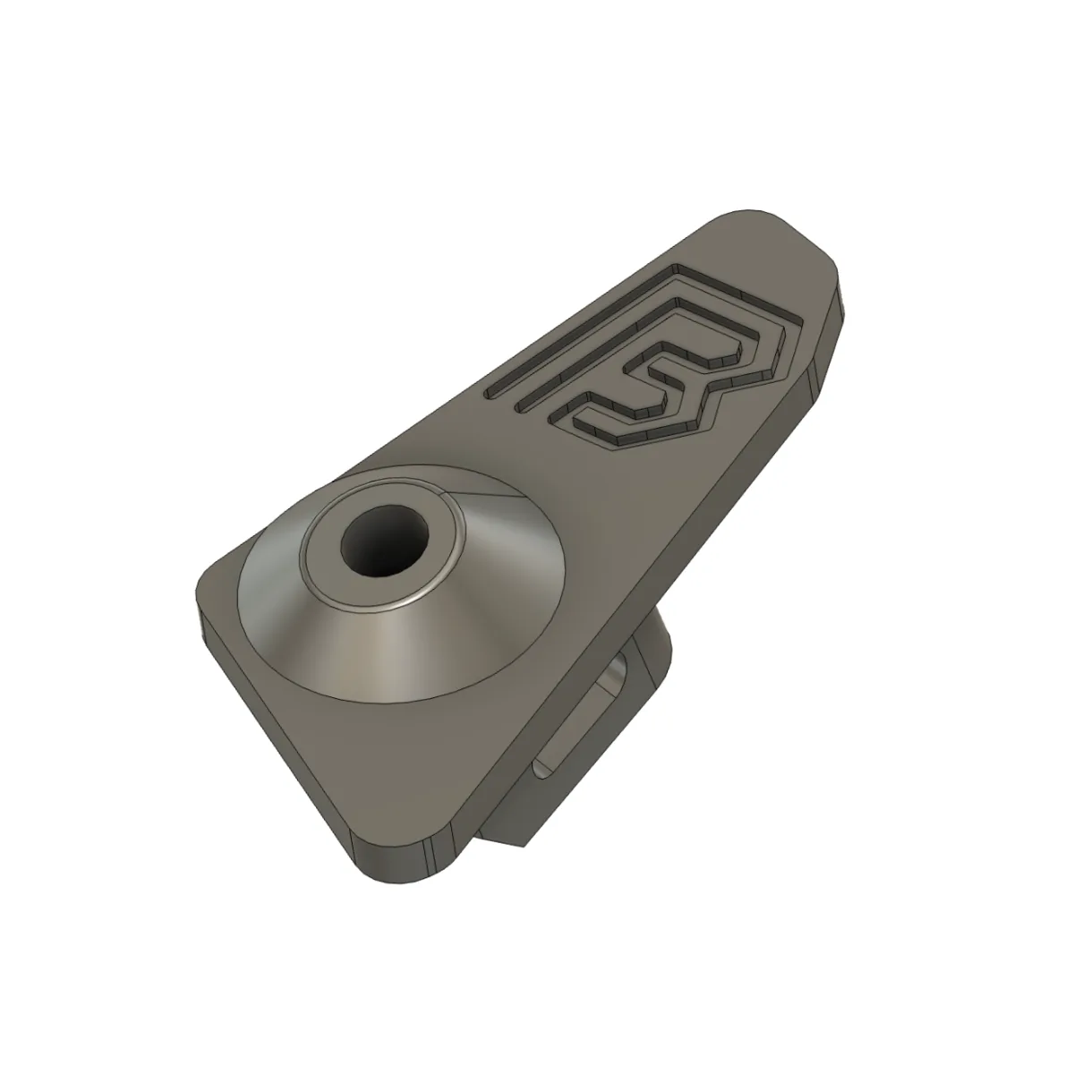 A CAD render of the printed link bracket alone — a tapered arm carrying the BYB Tech mark, with a countersunk pivot hole.