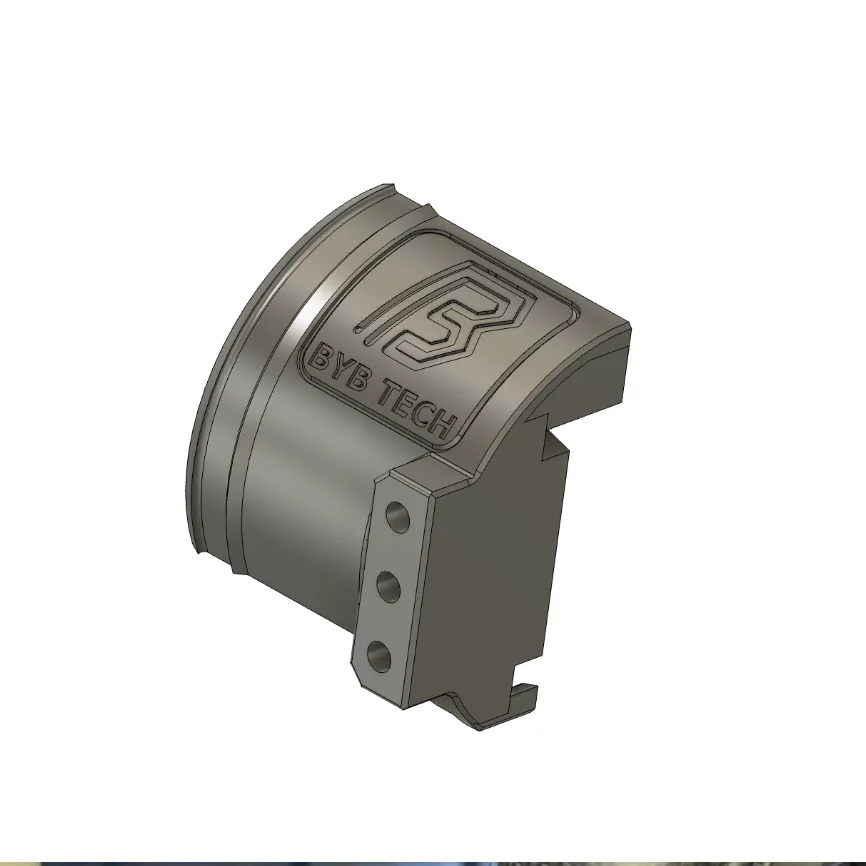 A CAD render of the printed clamp alone: a cylindrical collar with BYB TECH lettering recessed into it and a three-hole arm.