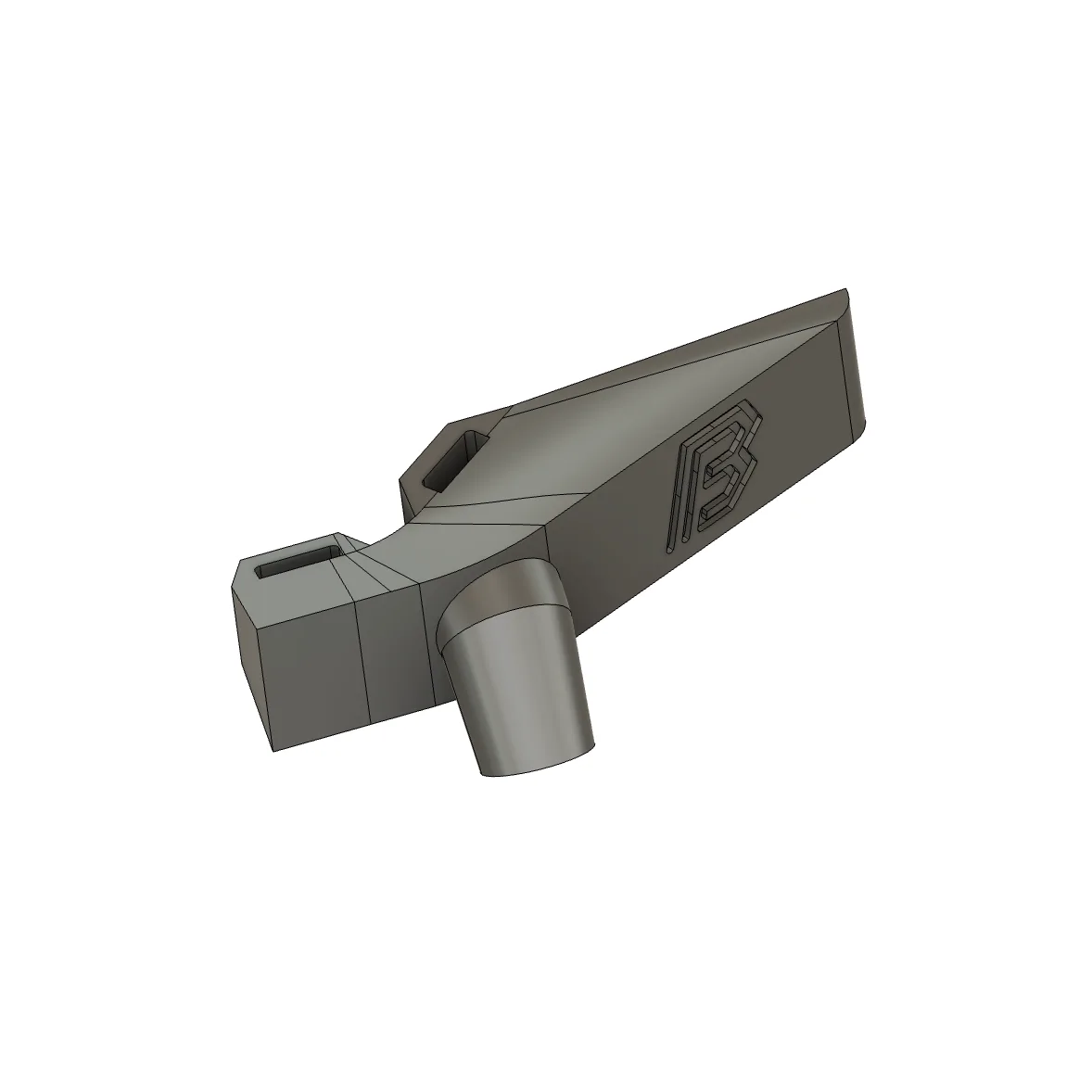 A CAD render of the printed bracket alone: a wedge-shaped body carrying the BYB Tech mark, with a cylindrical boss and two slots.