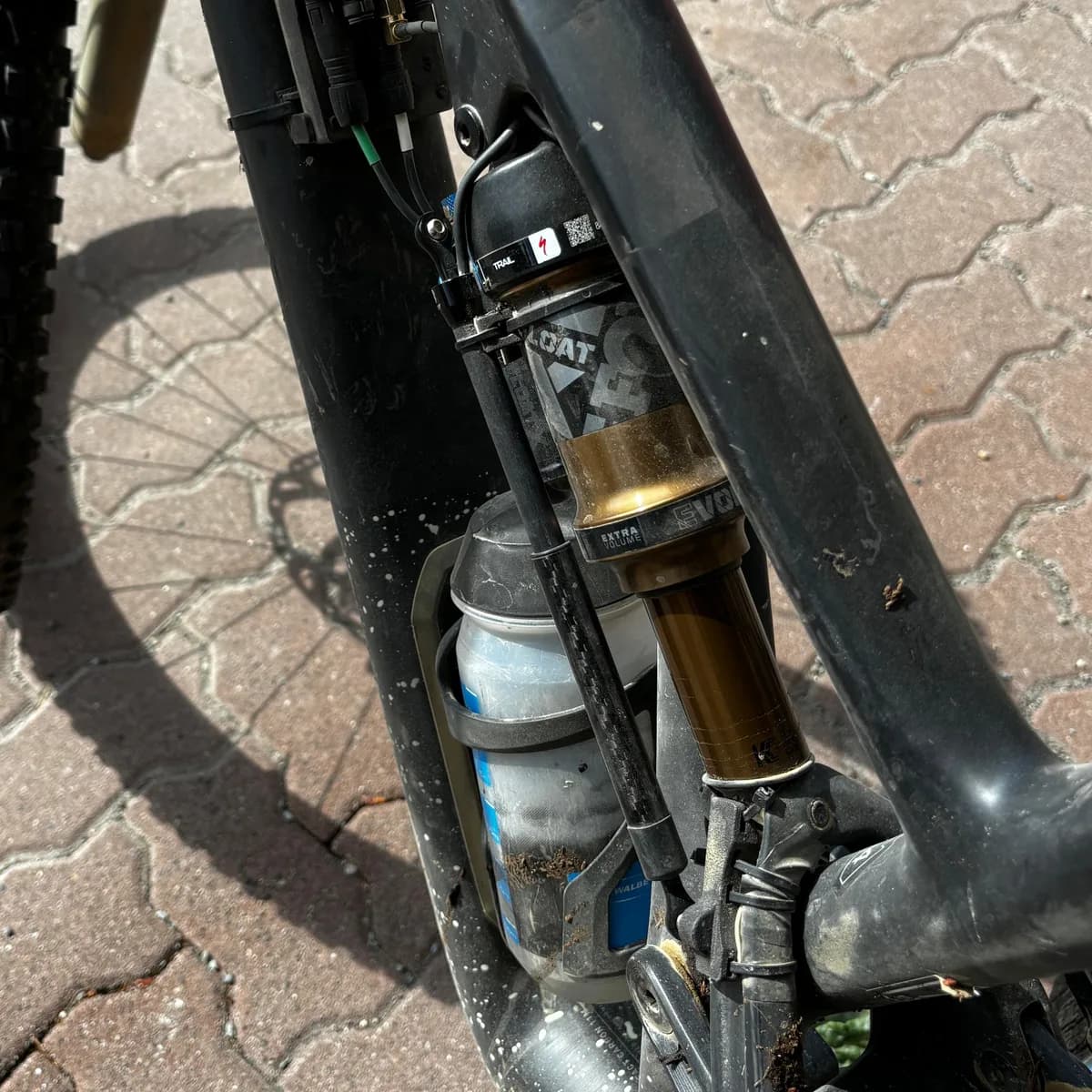 A well-used Specialized Stumpjumper Evo photographed outdoors, with a linear sensor clamped alongside the Fox Float rear shock and a bottle in the frame behind it.