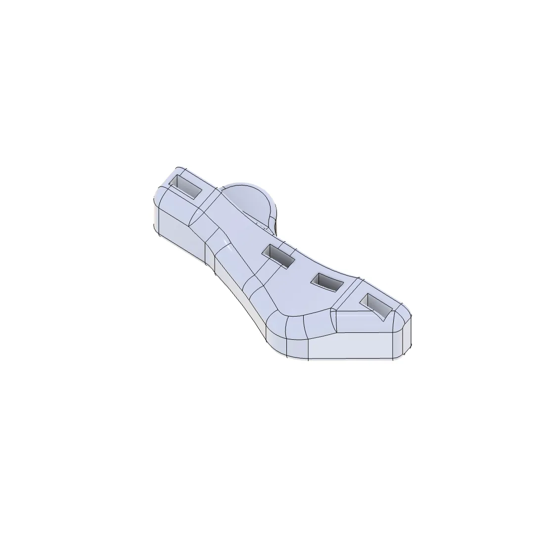 A CAD render of the printed link bracket on its own — a curved arm with four rectangular slots along its length.