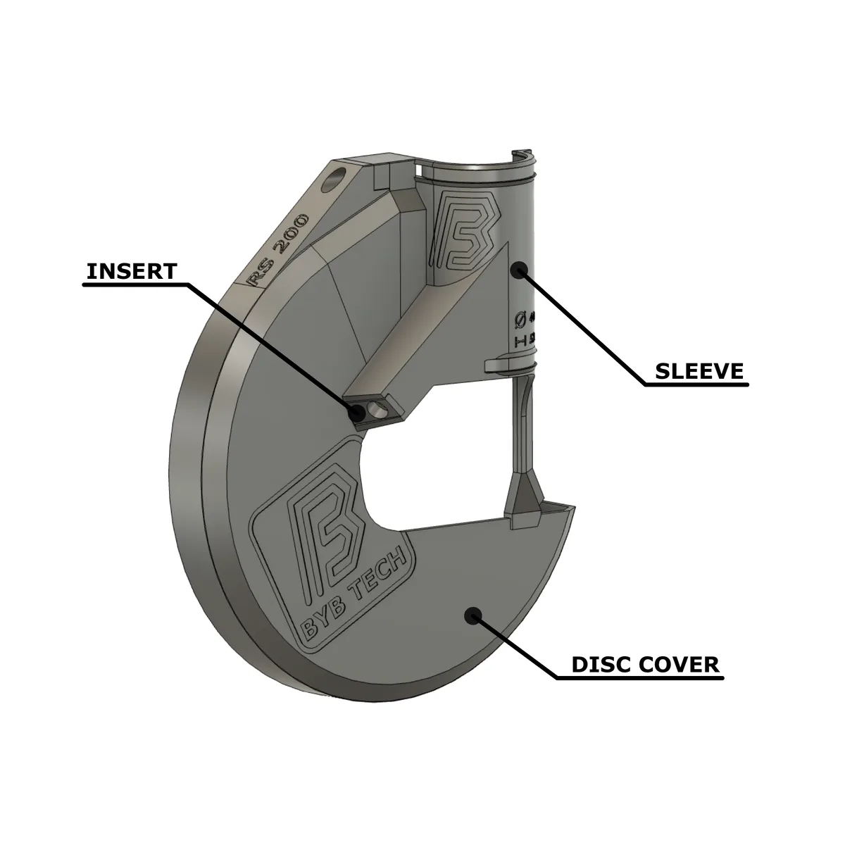 A labelled CAD diagram of the disc cover assembly, naming its three parts: insert, sleeve and disc cover.