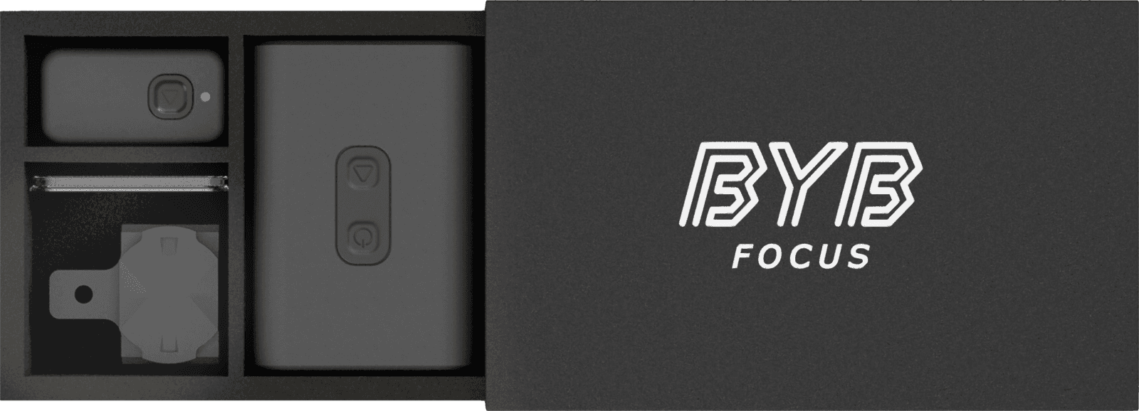 The BYB Focus box slid open, with the wireless remote trigger, a mounting and the light unit each in its own moulded compartment.