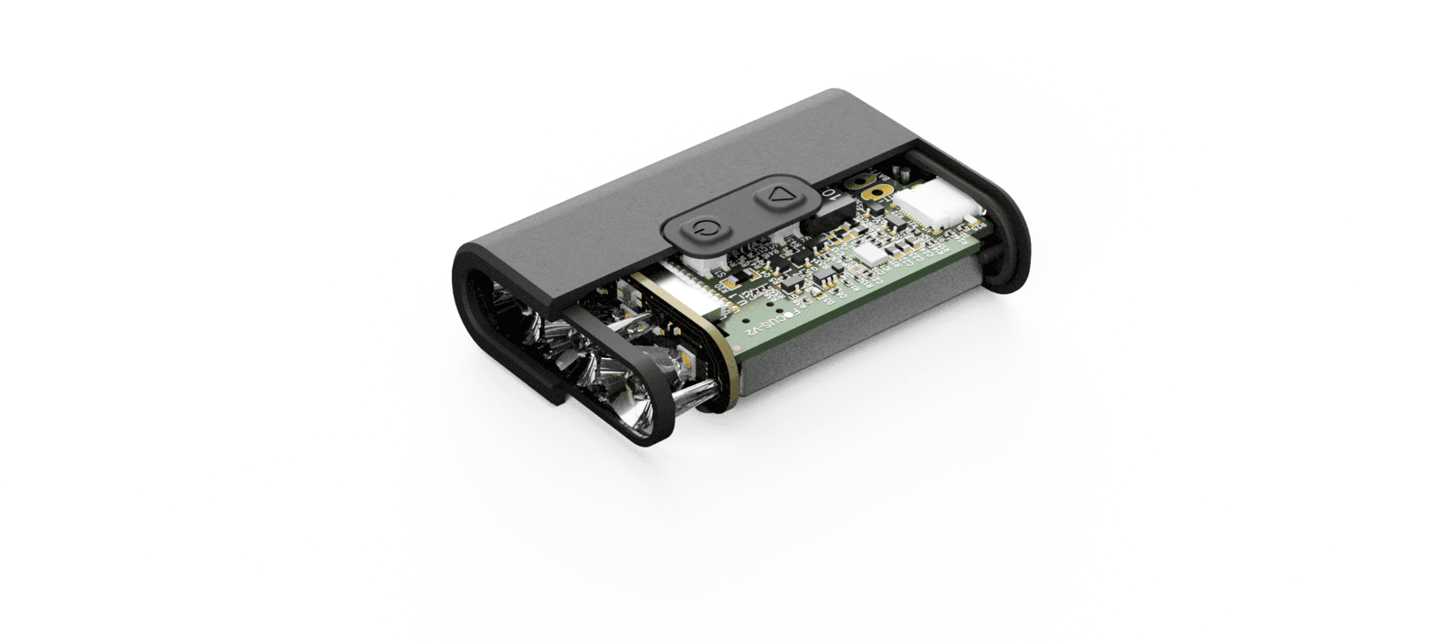 A cutaway view of the BYB Focus internals: the LED optics at one end, the circuit board and battery along the body, and the two buttons on the top face.