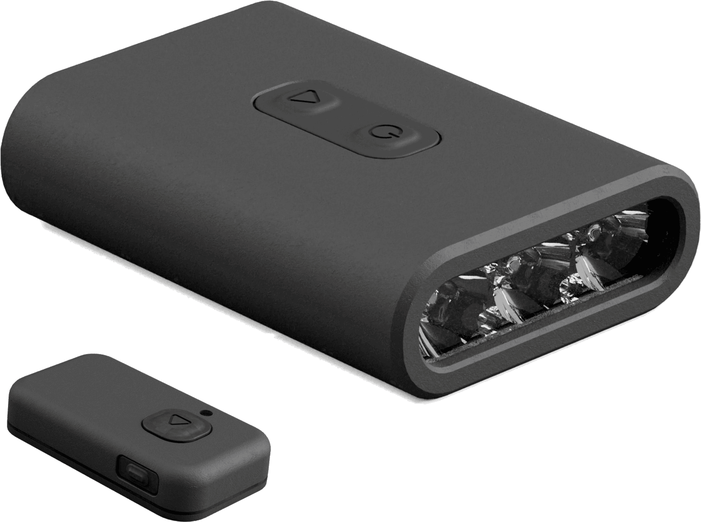 The BYB Focus light unit beside its wireless remote trigger, both at three-quarter view, showing the lens array and the buttons on each.