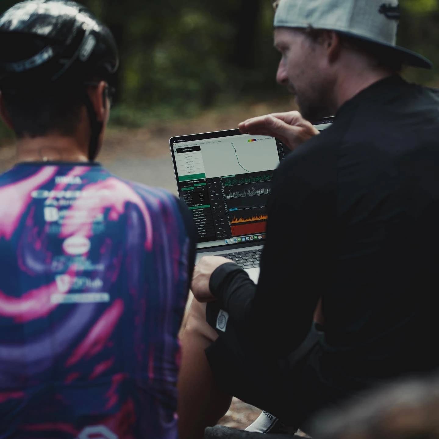 A laptop running the BYB Telemetry desktop software at the trailside during a cross-country session