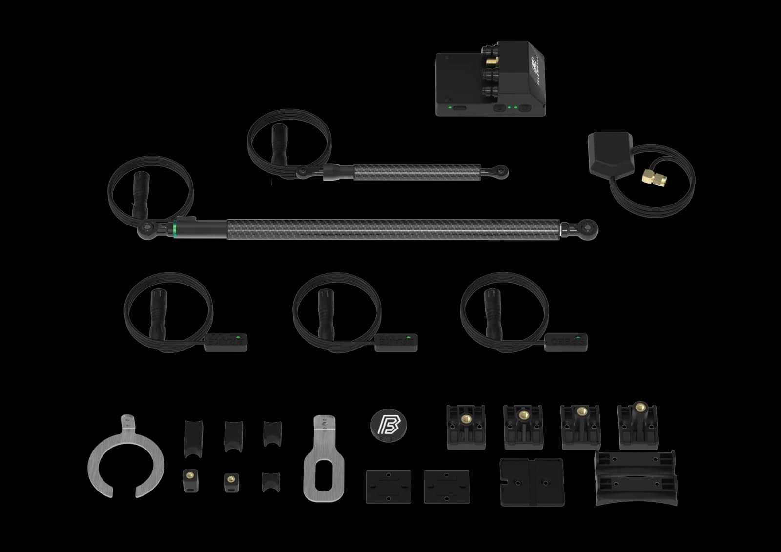 The full Telemetry V3 Pro kit laid out: acquisition unit, fork and shock sensors, brake sensors, wheel speed sensor, GPS antenna and mountings